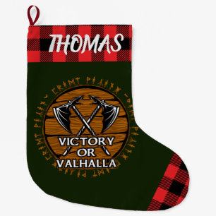 Personalized Viking Victory or Valhalla Red Plaid Large Christmas Stocking