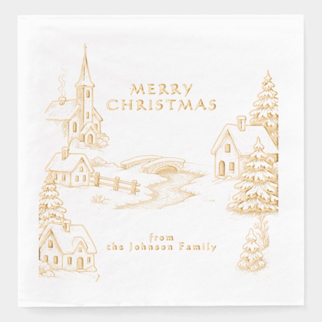 Personalized Village in Winter Christmas Gold Foil Napkins (Front)