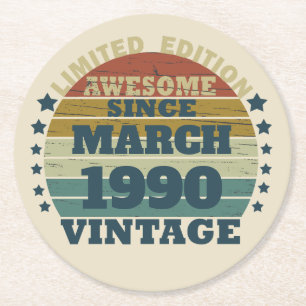 Personalized vintage 35th birthday party round paper coaster