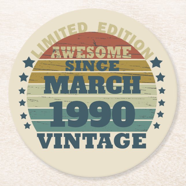 Personalized vintage 35th birthday party round paper coaster (Front)