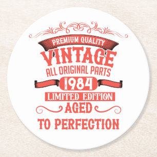 Personalized vintage 40th birthday red round paper coaster