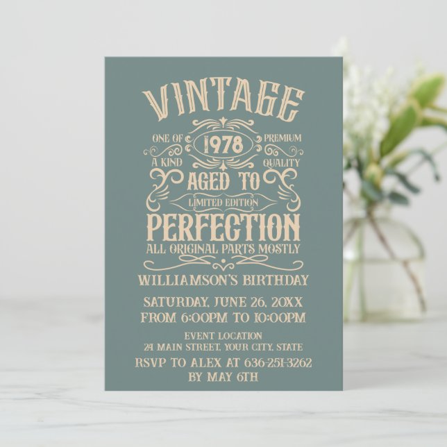 Personalized vintage 45th birthday whiskey party invitation (Standing Front)