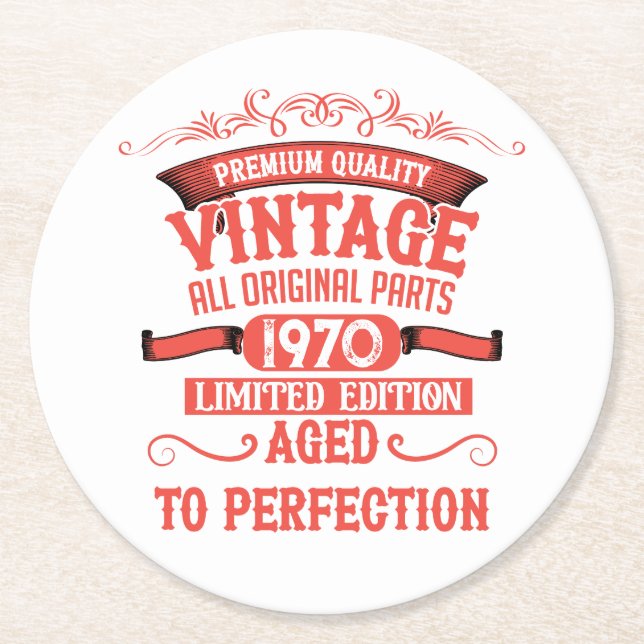 Personalized vintage 55th birthday party round paper coaster (Front)