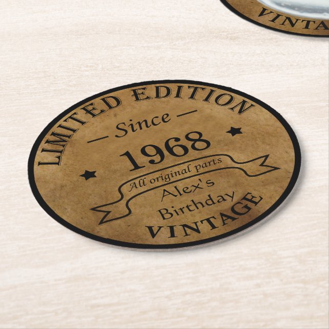 Personalized vintage 55th birthday party round paper coaster (Angled)