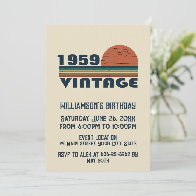 Personalized vintage 65th birthday party invitation (Standing Front)