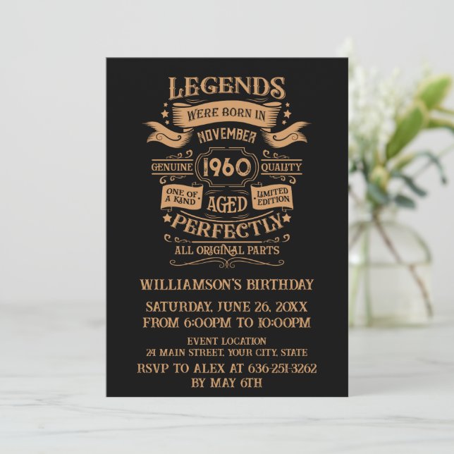 Personalized vintage 65th birthday party invitation (Standing Front)