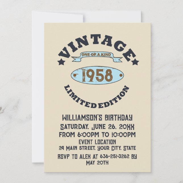 Personalized vintage 65th birthday party invitation (Front)