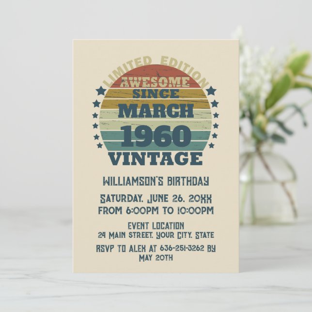 Personalized vintage 65th birthday party invitation (Standing Front)