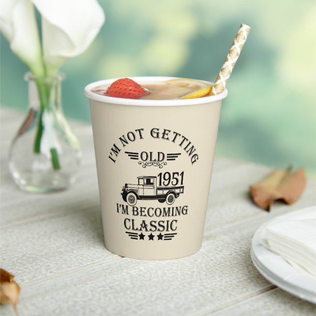 Personalized vintage 65th birthday party paper cups (Insitu)