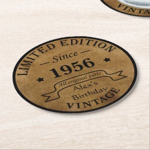 Personalized vintage 65th birthday party round paper coaster