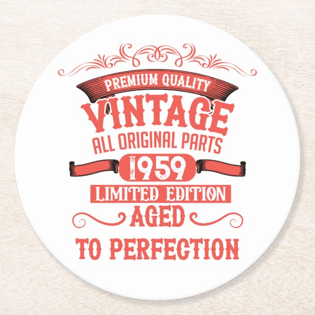 Personalized vintage 65th birthday party round paper coaster (Front)