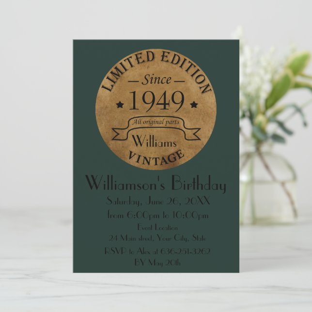 Personalized vintage 75th birthday gift invitation (Standing Front)