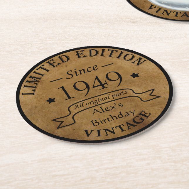personalized vintage 75th birthday gifts round paper coaster (Angled)