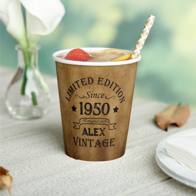 Personalized vintage 75th birthday party paper cups (Insitu)