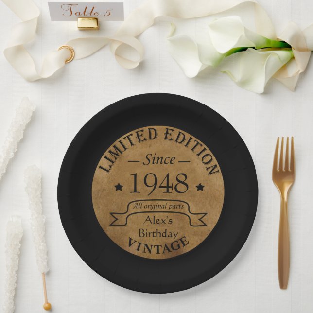 Personalized vintage 75th birthday party paper plate (Wedding)