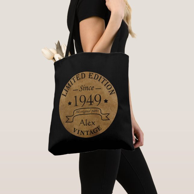 personalized vintage 75th birthday tote bag (Close Up)