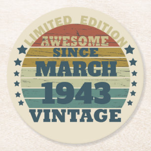 Personalized vintage 80th birthday gift round paper coaster