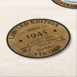 Personalized vintage 80th birthday round paper coaster<br><div class="desc">You can add some originality with this limited edition, premium quality, and original, classy, retro, and vintage-looking birthday graphic design with a cool typography font. This is a great gift idea for men, women, husbands, wives, girlfriends, and boyfriends who will love this one-of-a-kind piece of art. The best unique and...</div>