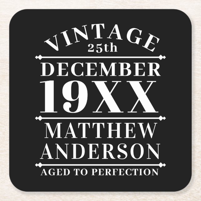 Personalized Vintage Aged to Perfection Square Paper Coaster (Front)