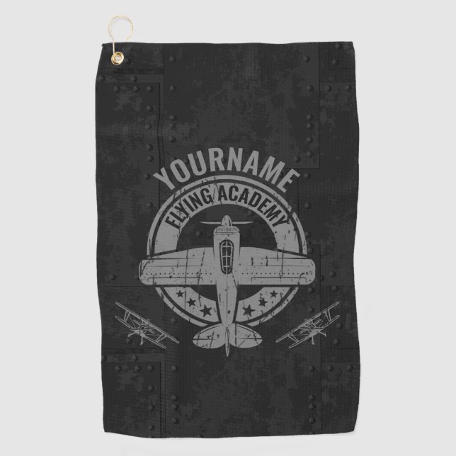 Personalized Vintage Airplane Pilot Flying Academy Golf Towel (Front)