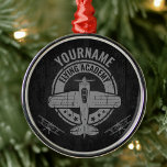 Personalized Vintage Airplane Pilot Flying Academy Metal Ornament<br><div class="desc">Personalized Vintage Airplane Pilot Retro Flight School - featuring old fashioned plane with faux metal background. Customize with your Name or Custom Text!</div>
