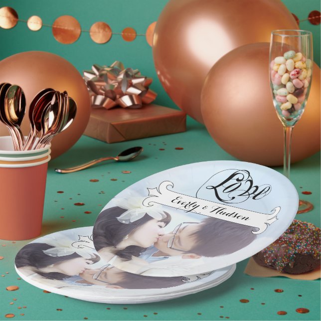 Personalized Vintage Banner Photo Wedding Paper Plate (Multi)