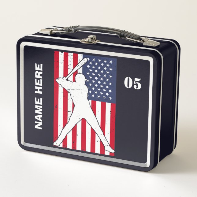 Personalized Vintage Baseball Name Number Metal Lunch Box (Front)