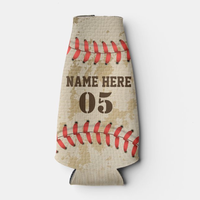 Personalized Vintage Baseball Name Number Retro Bottle Cooler (Front)