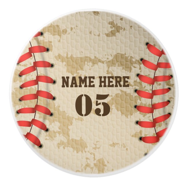 Personalized Vintage Baseball Name Number Retro Ceramic Knob (Front)