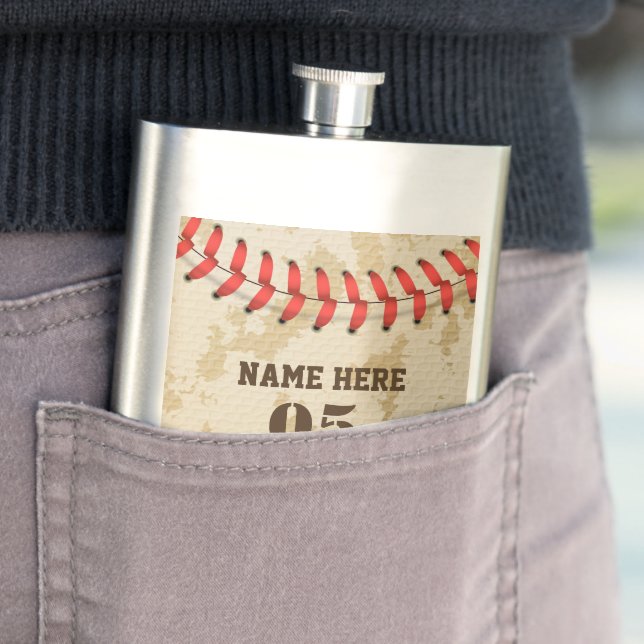 Personalized Vintage Baseball Name Number Retro Hip Flask (In Situ)