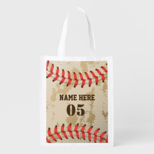 Personalized Vintage Baseball Name Number Retro Reusable Grocery Bag