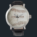 Personalized Vintage Baseball Watch<br><div class="desc">A photo of a worn baseball provides the background for this personalized watch,  featuring a customizable name in distressed font in a shade of reddish brown that matches the stitching. Ideal for the baseball or sports fan on your gift list.</div>
