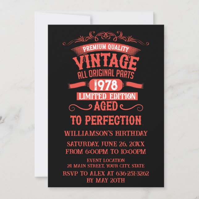 Personalized vintage birthday gifts red invitation (Front)