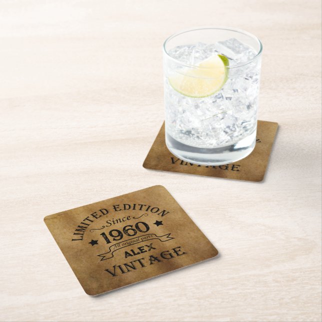 Personalized vintage birthday gifts square paper coaster (Insitu)