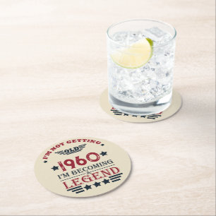 Personalized vintage birthday red blue round paper coaster