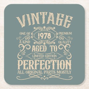 Personalized vintage birthday whiskey label themed square paper coaster