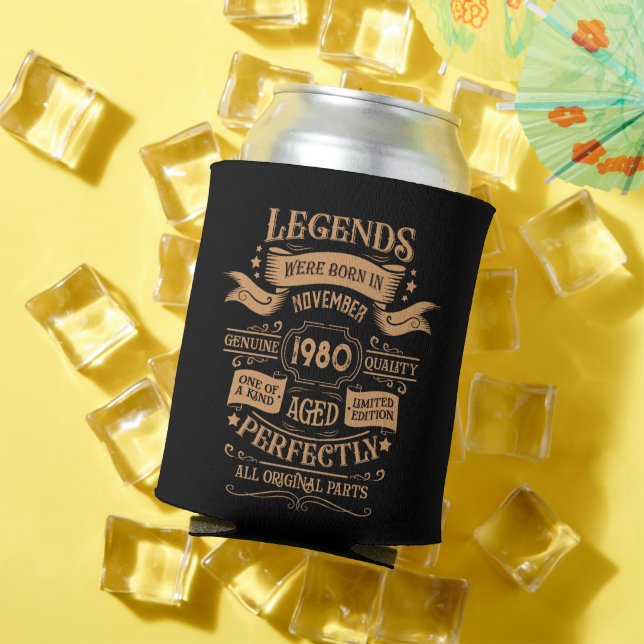 Personalized vintage birthday whiskey themed can cooler (In Situ Summer)