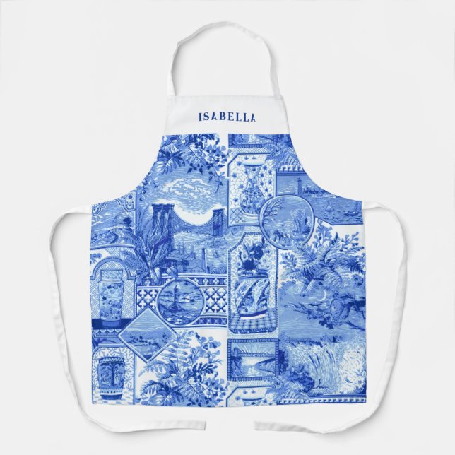 Personalized Vintage Blue and White Japonaiserie Apron (Front)