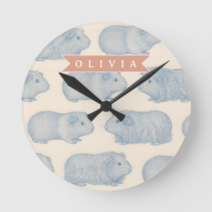 Personalized Vintage Blue Guinea Pig Cottagecore Round Clock