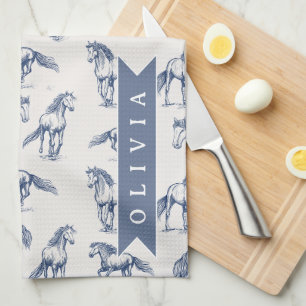Personalized Vintage Blue Horse Classic Country Kitchen Towel