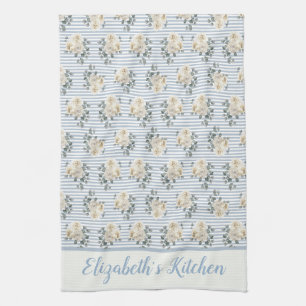 Personalized Vintage Blue White Stripes Floral Kitchen Towel