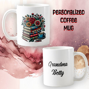 Personalized Vintage Books, Coffee and Flowers Mug