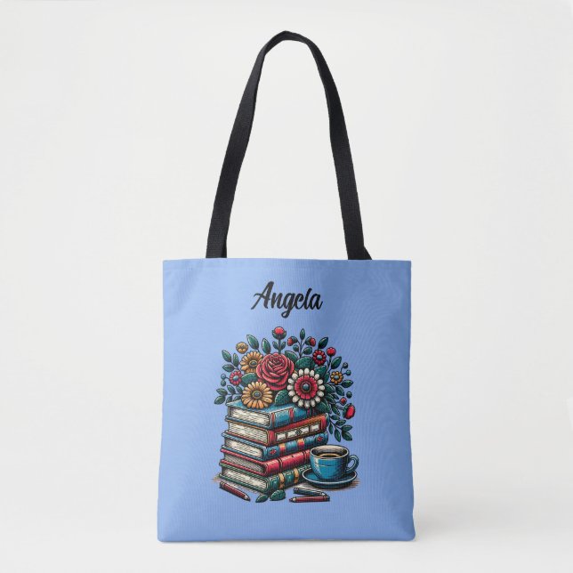 Personalized Vintage Books, Coffee and Flowers Tote Bag (Front)