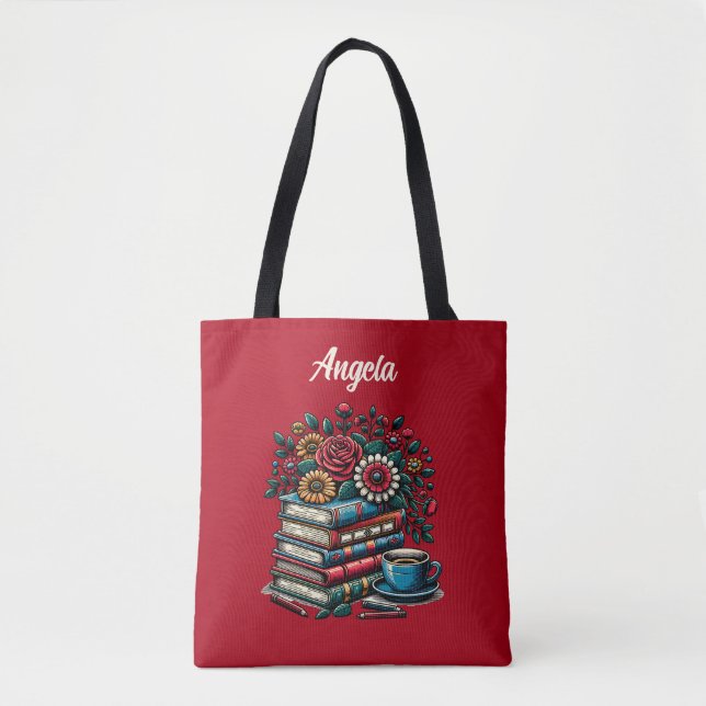 Personalized Vintage Books, Coffee and Flowers Tote Bag (Front)