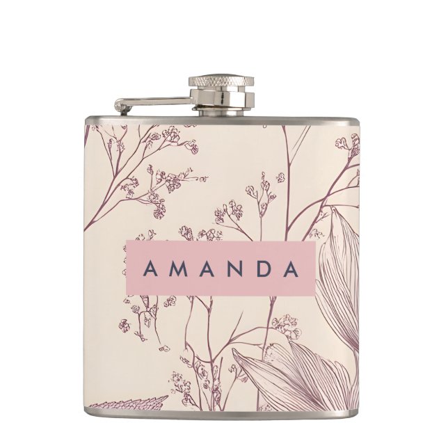 Personalized Vintage Botanical Floral Illustration Hip Flask (Front)