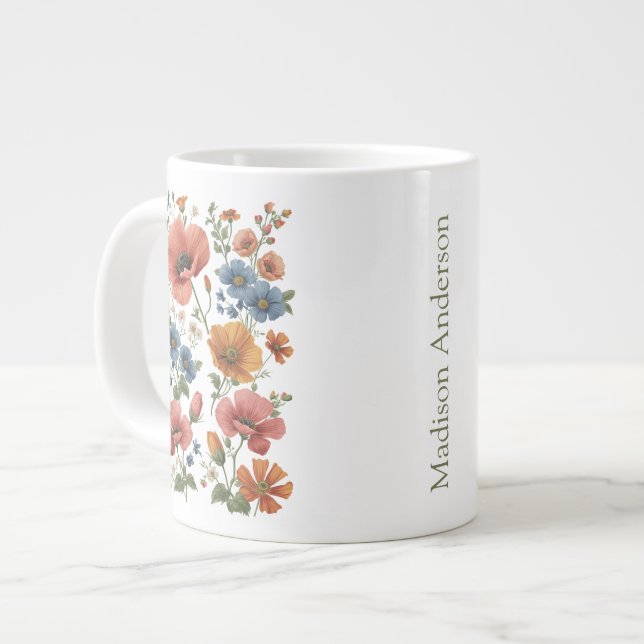 Personalized Vintage Botanical Poppies Large Coffee Mug (Front Left)