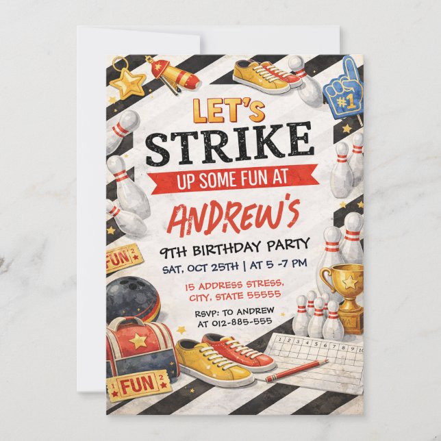 Personalized vintage Bowling Birthday Party Invitation (Front)