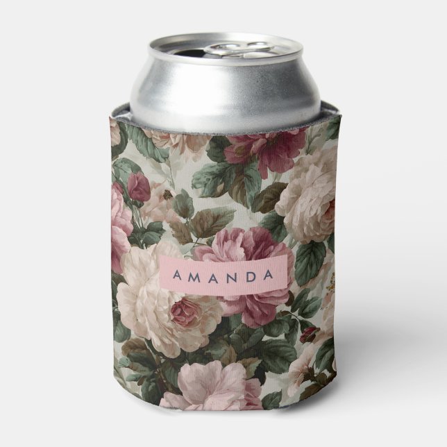 Personalized Vintage Burgundy and Garden Roses Can Cooler (Can Front)