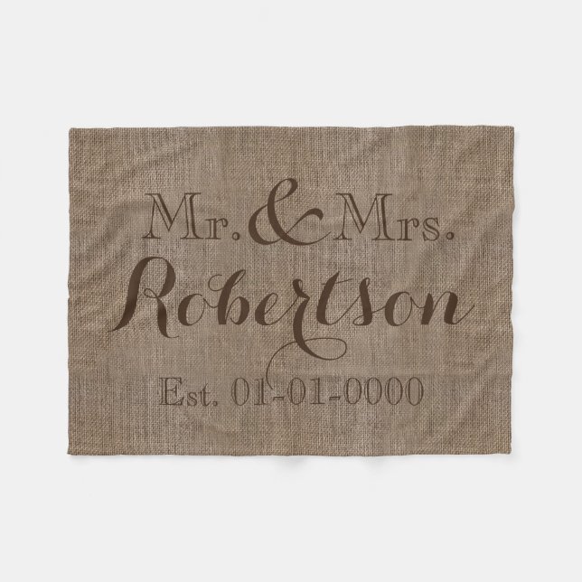 Personalized Vintage Burlap-Look Rustic/Wedding Fleece Blanket (Front (Horizontal))