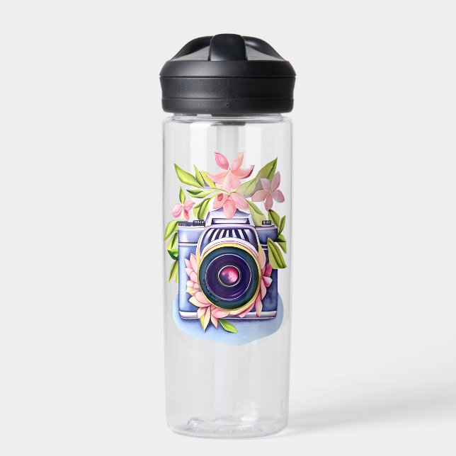Personalized Vintage  Camera Floral Water Bottle (Front)